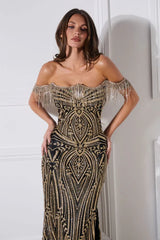 Astoria Gown Off The Shoulder Crystal Fringe Dress