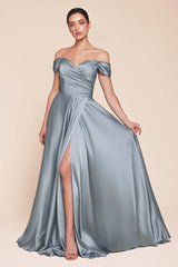 JILLIAN GOWN A LINE SOFT SATIN OFF THE SHOULDER DRESS