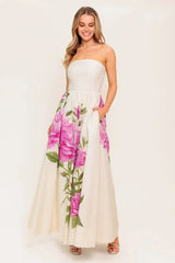 CAUGHT IN THE BREEZE STRAPLESS FLORAL MAXI DRESS