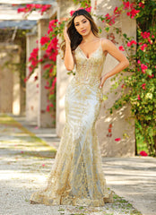 Lyra Gown Gold Mist FITTED FLORAL GLITTER PRINT CORSET GOWN