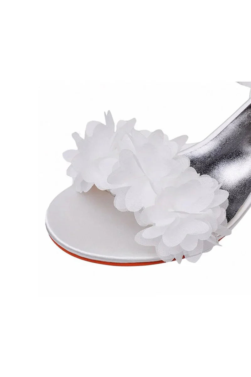 White Floral Satin Open Toe Low Chunky Heels