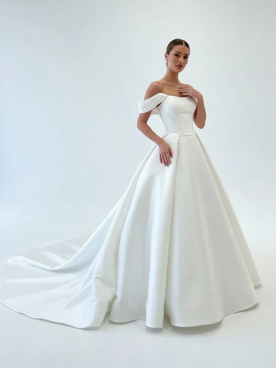 Elegant A Line Off the Shoulder White Satin Wedding Dresses