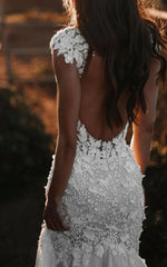 Boho Mermaid Wedding Dress Floral V neck Casual Gown with Open Back and Lace Appliques