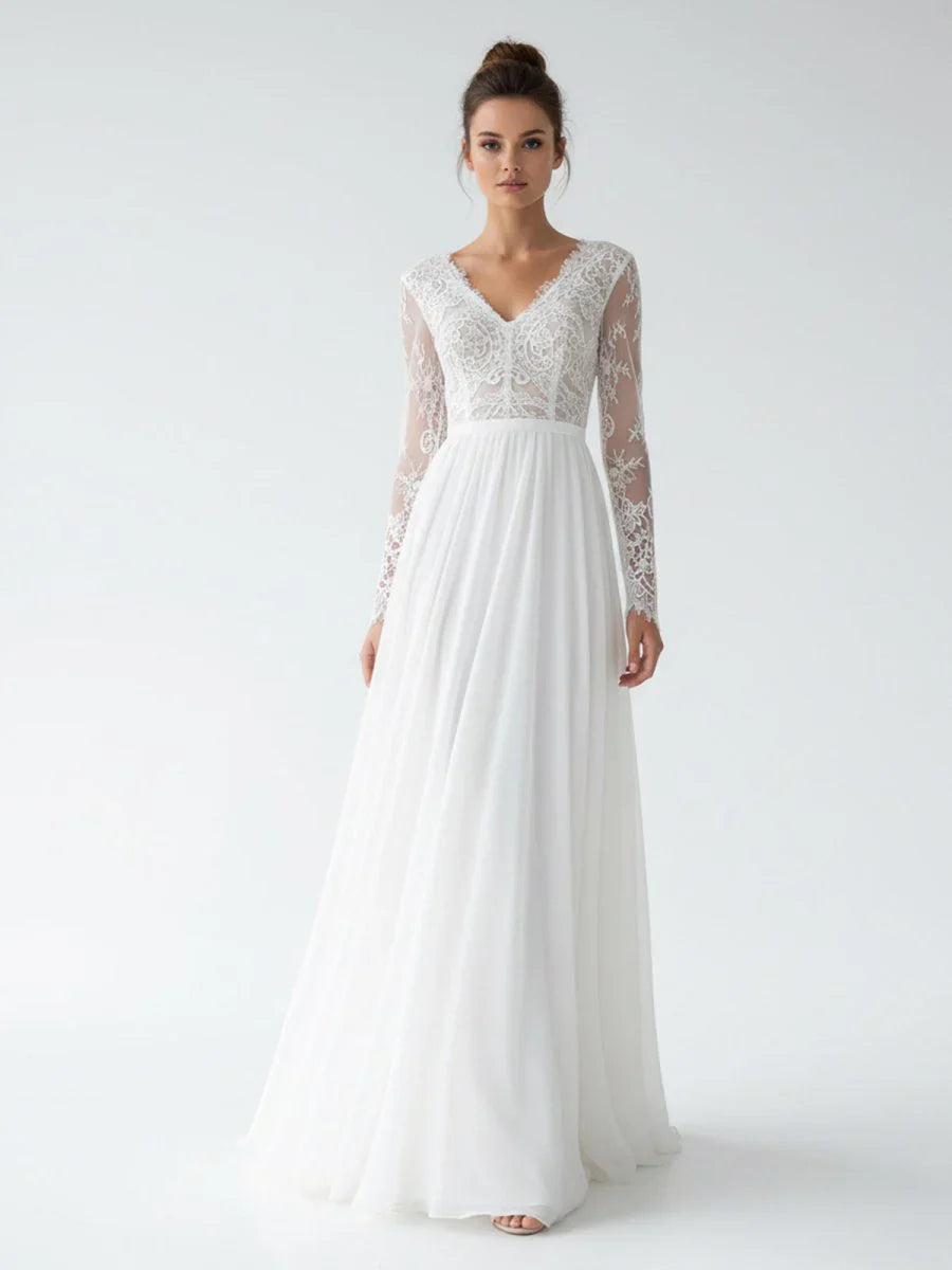 Romantic Modern A Line Floor length Chiffon Lace V neck Long Sleeve Wedding Dress