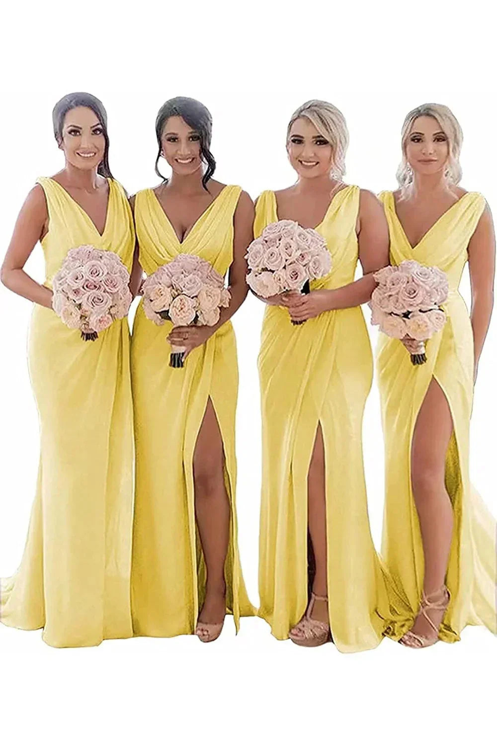 Ivory Sheath Chiffon Ruched Long Bridesmaid Dress with Slit