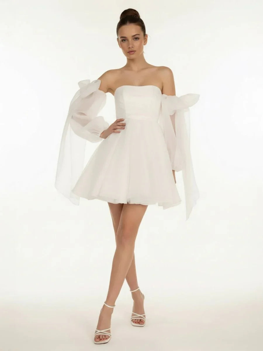 A Line Puff Long Sleeves Short Wedding Dresses With Bows