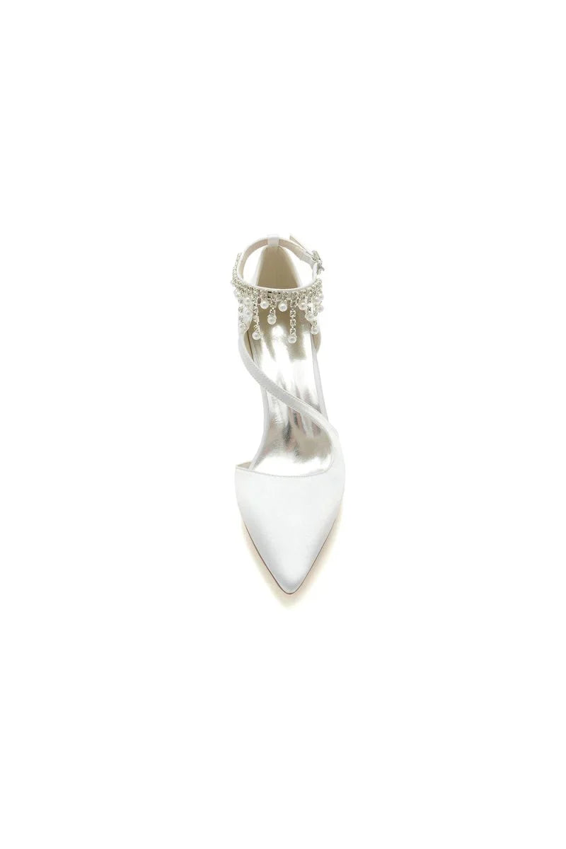 White Satin Pump with Pearl Embedded Chain Heel