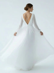 A Line Illusion Neck Long Sleeves Sweep Train Organza Wedding Dresses