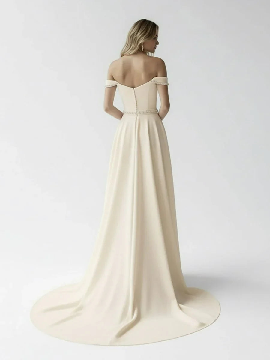 A Line Off the Shoulder Beaded Wedding Dress