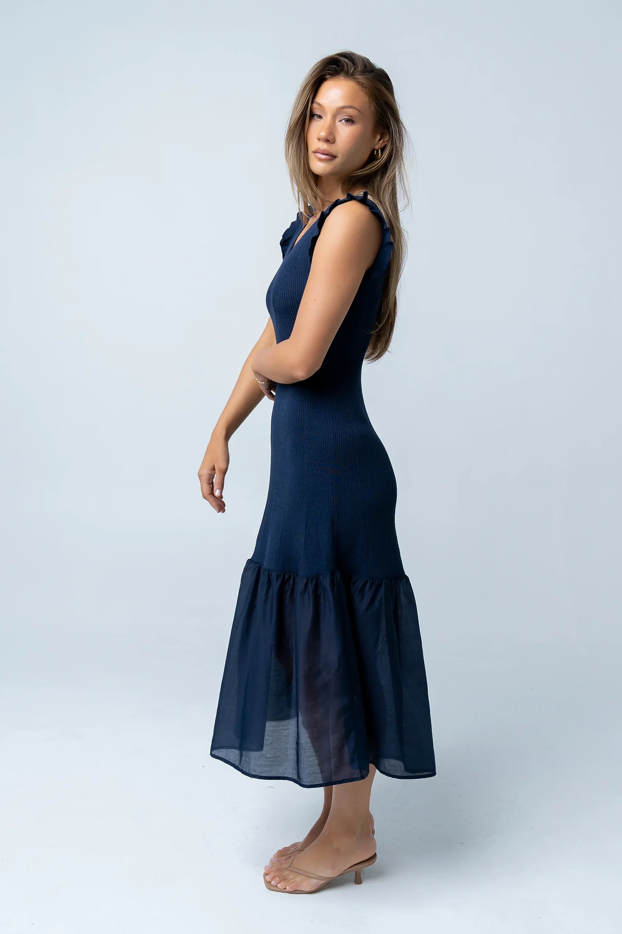 Lara Ribbed Midi Dress in Navy