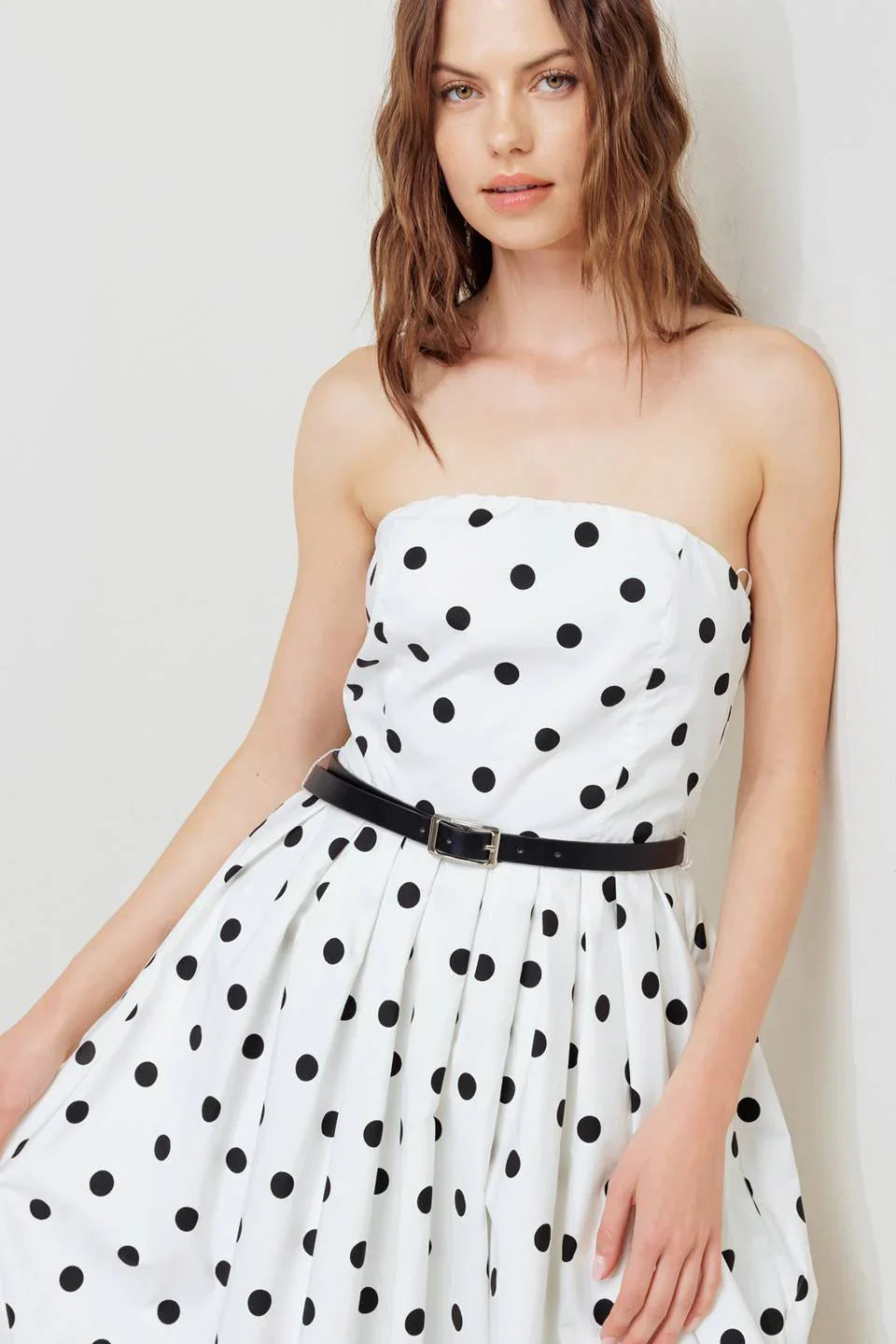 WHITE BLACK POLKA DOT BUBBLE HEM MIDI DRESS