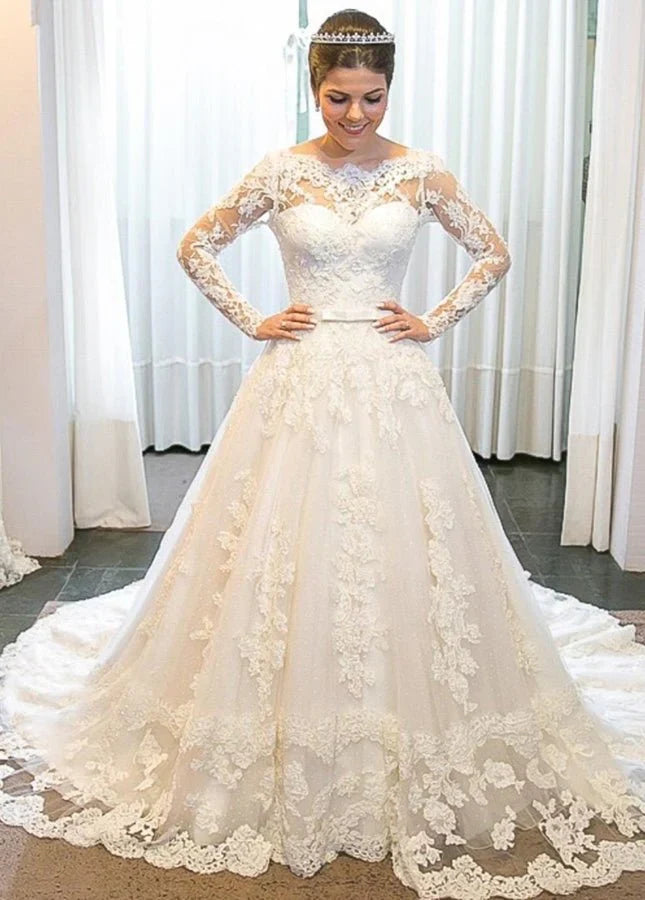 A line Lace Long Sleeves Wedding Dress Chapel Train