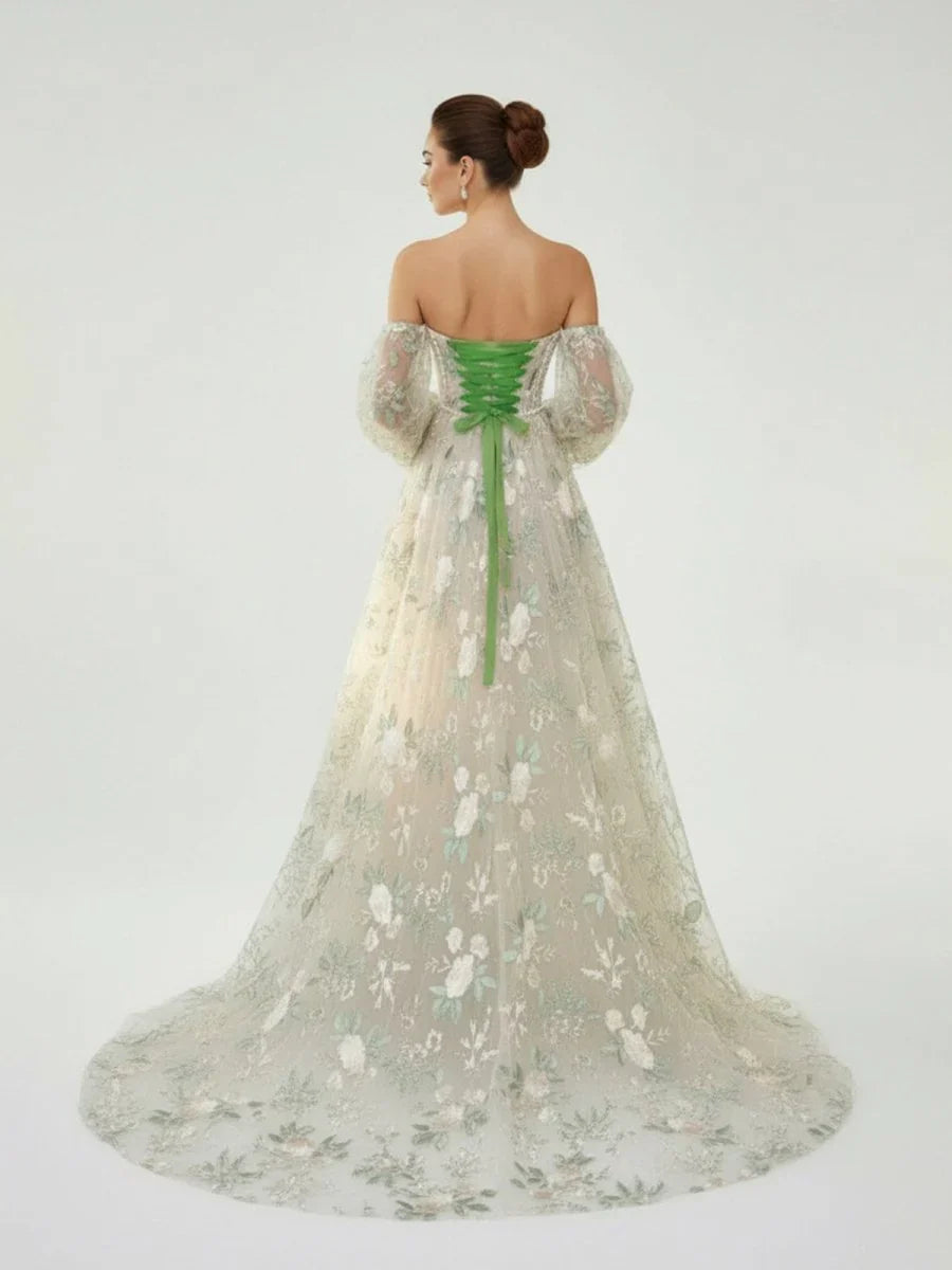 A Line Light Green Sweetheart Pearl Wedding Dress