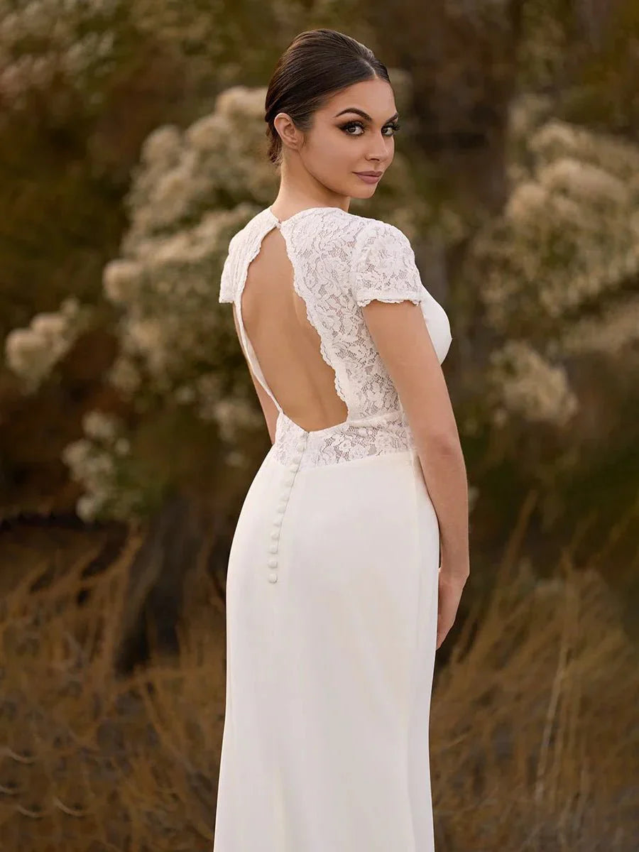 Modest Simple Sheath Short Sleeve Empire Floor Length Sweep Train Chiffon V neck Wedding Dress