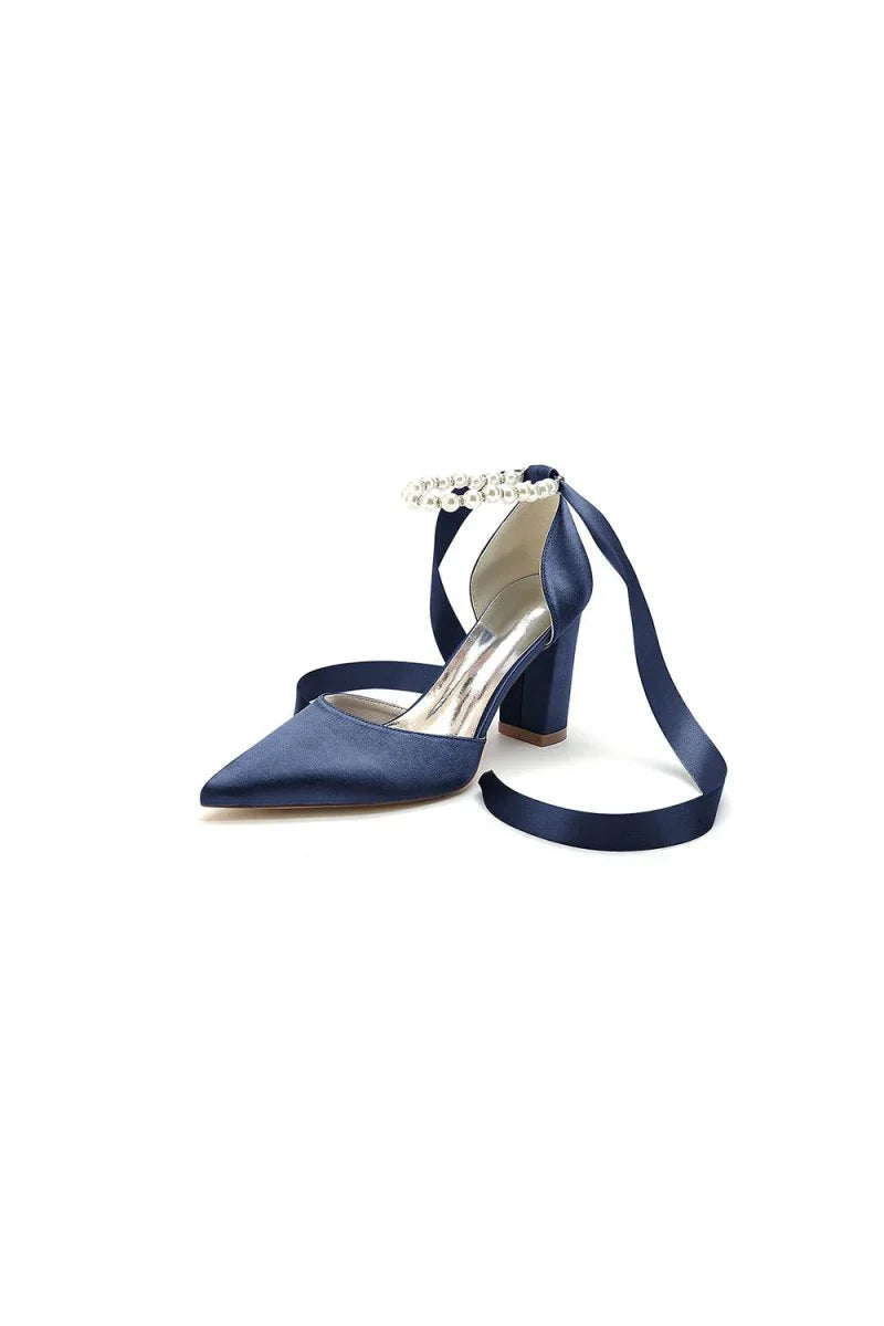 Pearl Ribbon Pointed Toe Ankle Strap Chunky Heel