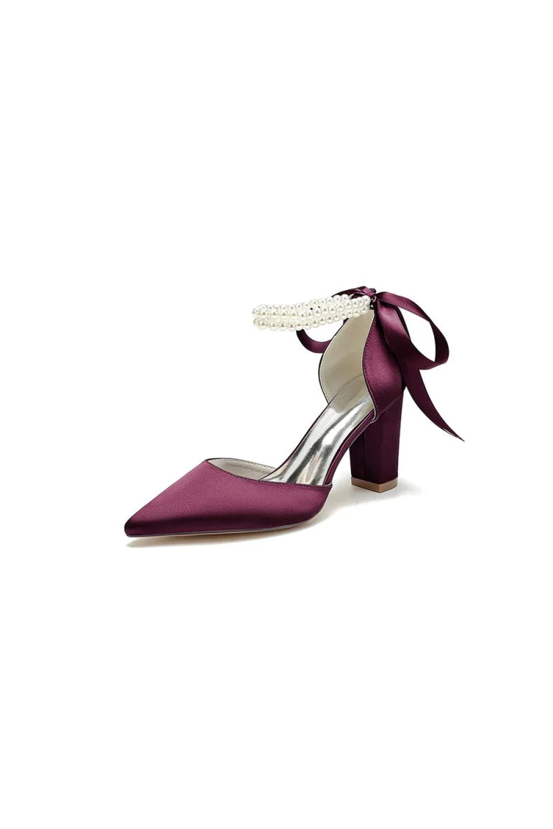 Pointed Toe Pearl Ribbon Ankle Strap Chunky Heel