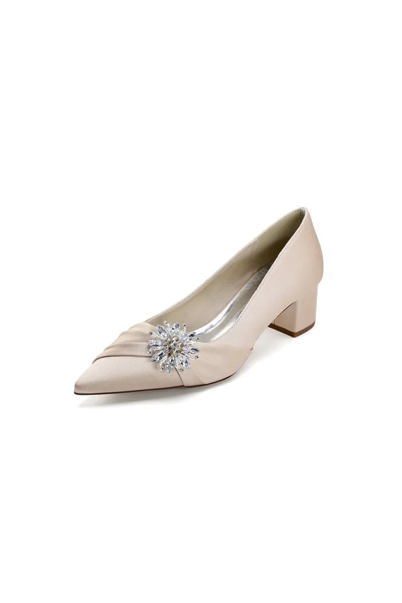 Satin Pointed Toe Slip on Party Shoes With Crystal