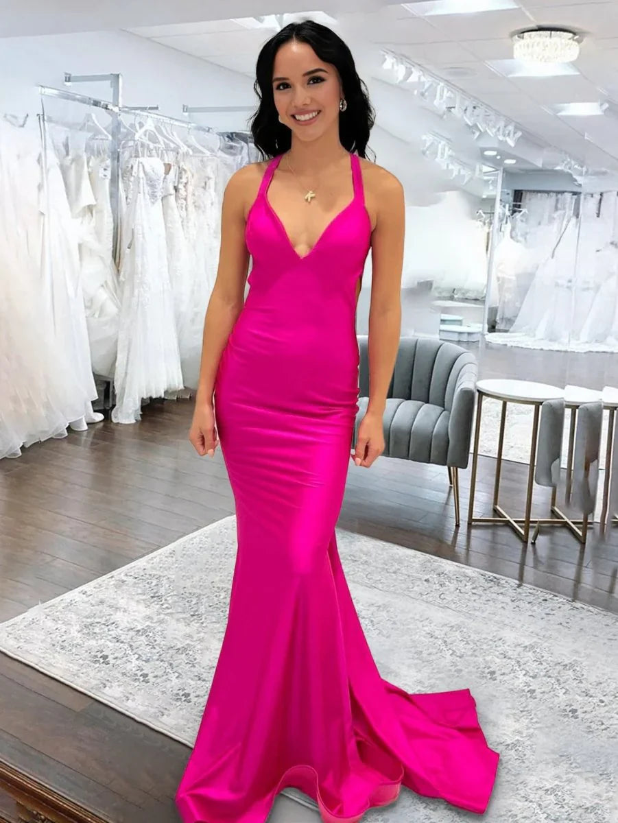 Angela Mermaid Pink V Neck Backless Satin Long Prom Dress