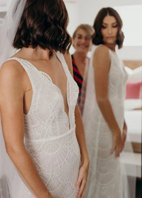 Bohemian Lace wedding Dresses Mermaid V Neck Backless Bridal Gowns