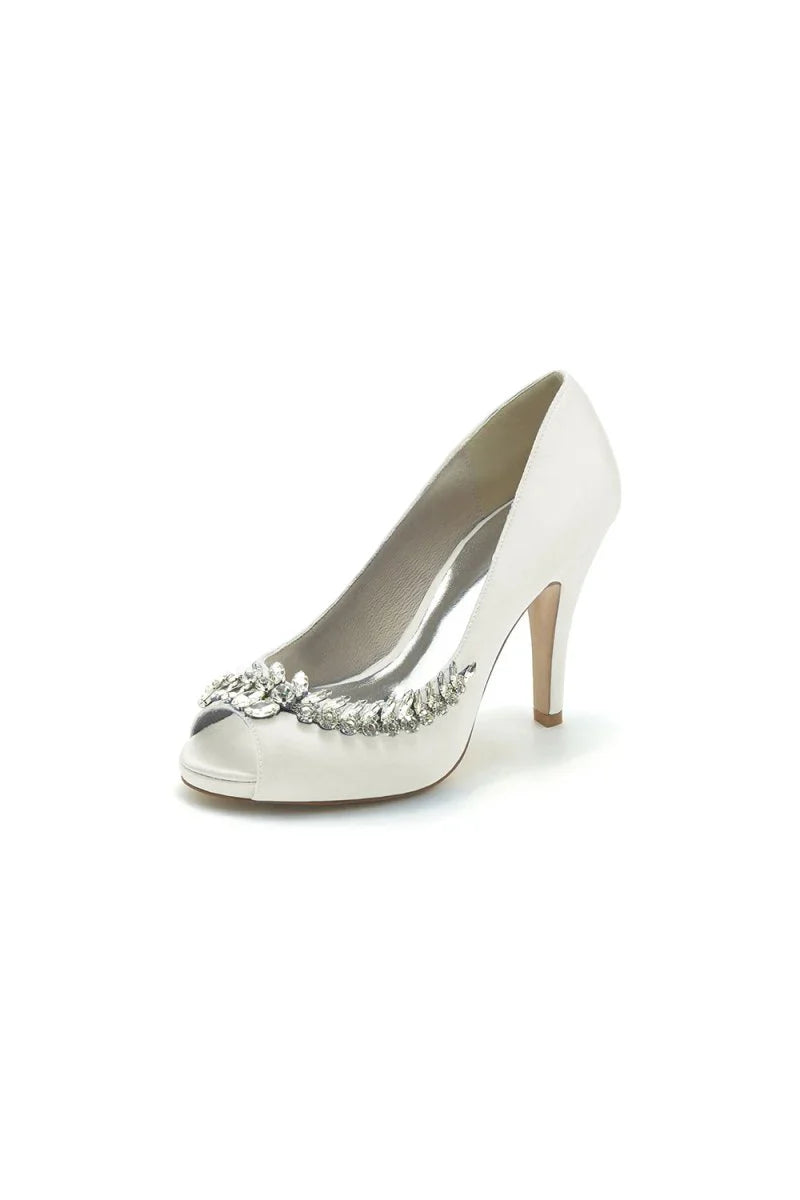 Satin Peep Toe Slip on Rhinestone High Heels