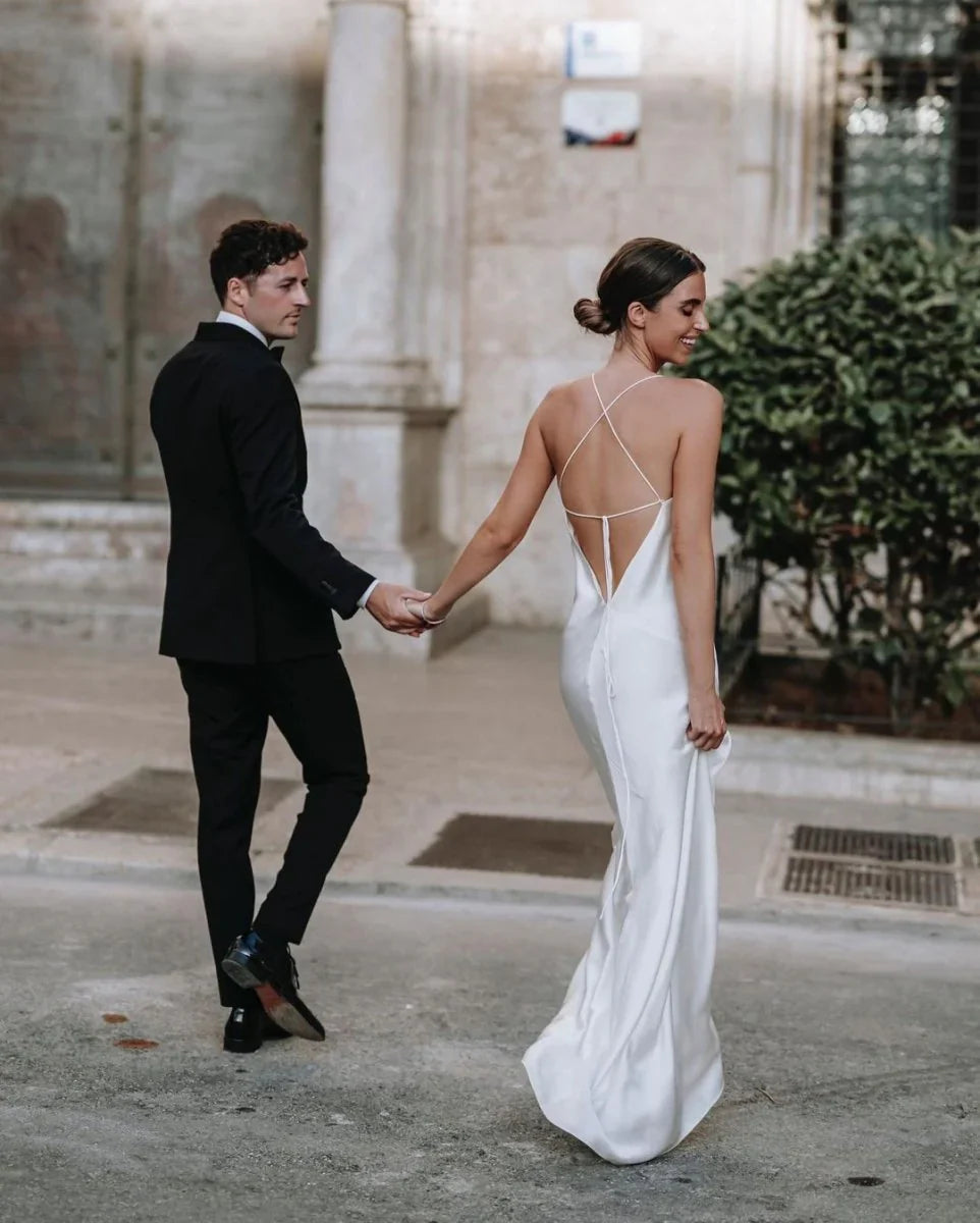 Charming Sheath Silk Satin Wedding Dresses with Slit