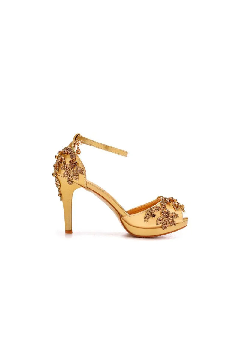 Rhinestone Flowers Decor Peep Toe Platform Stiletto Ankle strap High Heels