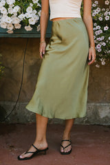 Lovinia Satin Midi Skirt in Olive FINAL SALE