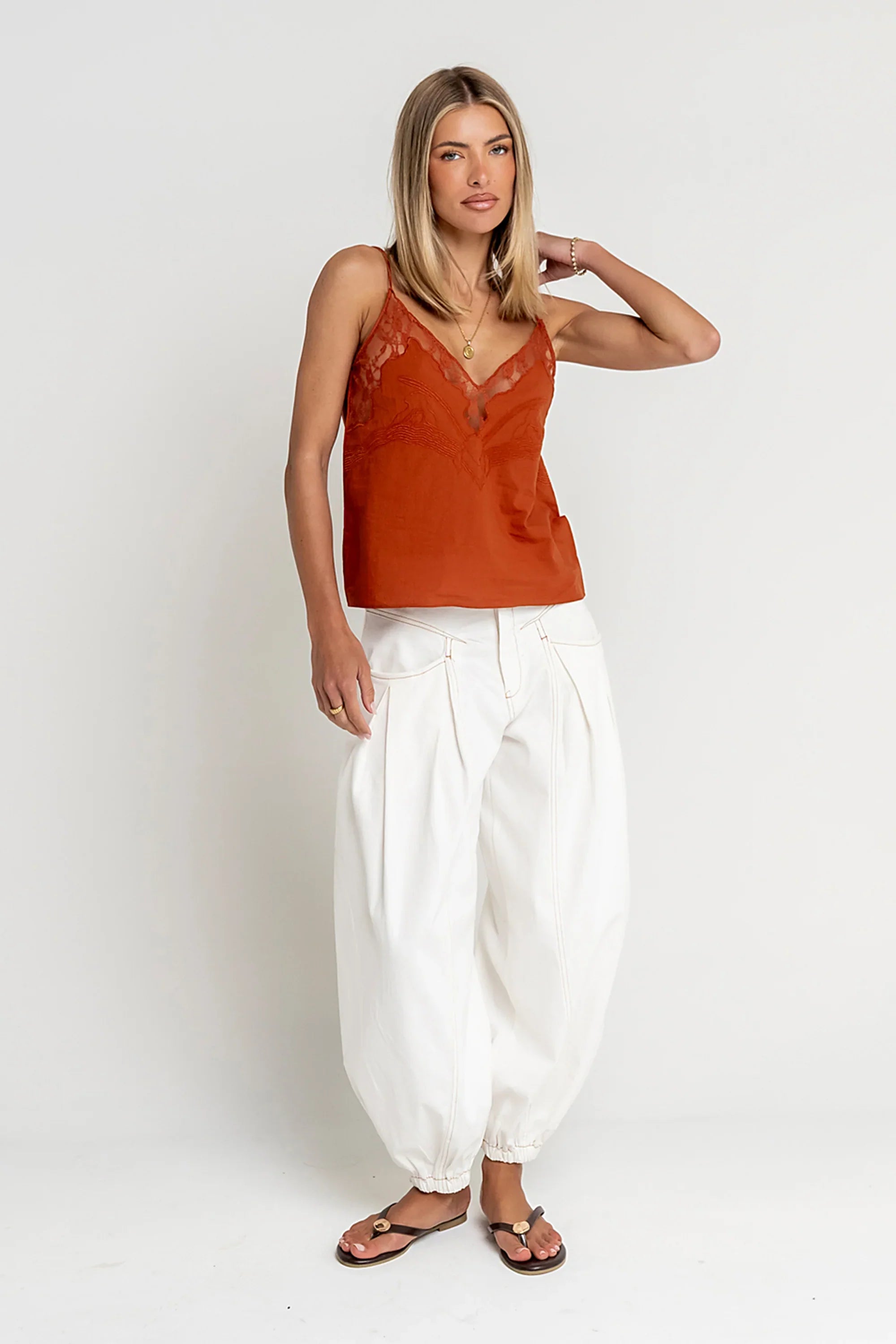 Lana Embroidered Tank Top in Rust