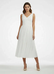 V Neck Sleeveless Tea Length Chiffon Wedding Dress With Ruching And Low V Back