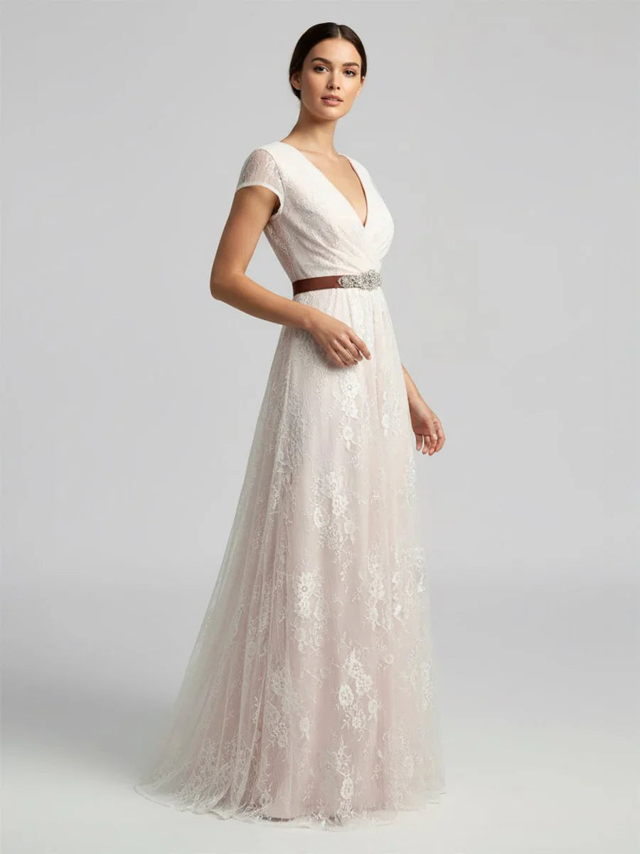 Short Sleeve V neck Pleated Long Lace Wedding Dress