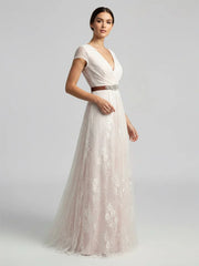 Short Sleeve V neck Pleated Long Lace Wedding Dress