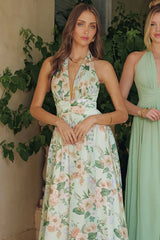 CHEYENNE GOWN SAGE FLORAL CHIFFON HALTER DRESS