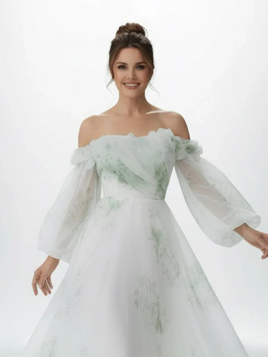 A Line Floral Appliqued Majesty Bridal Wedding Dress with Ruffles