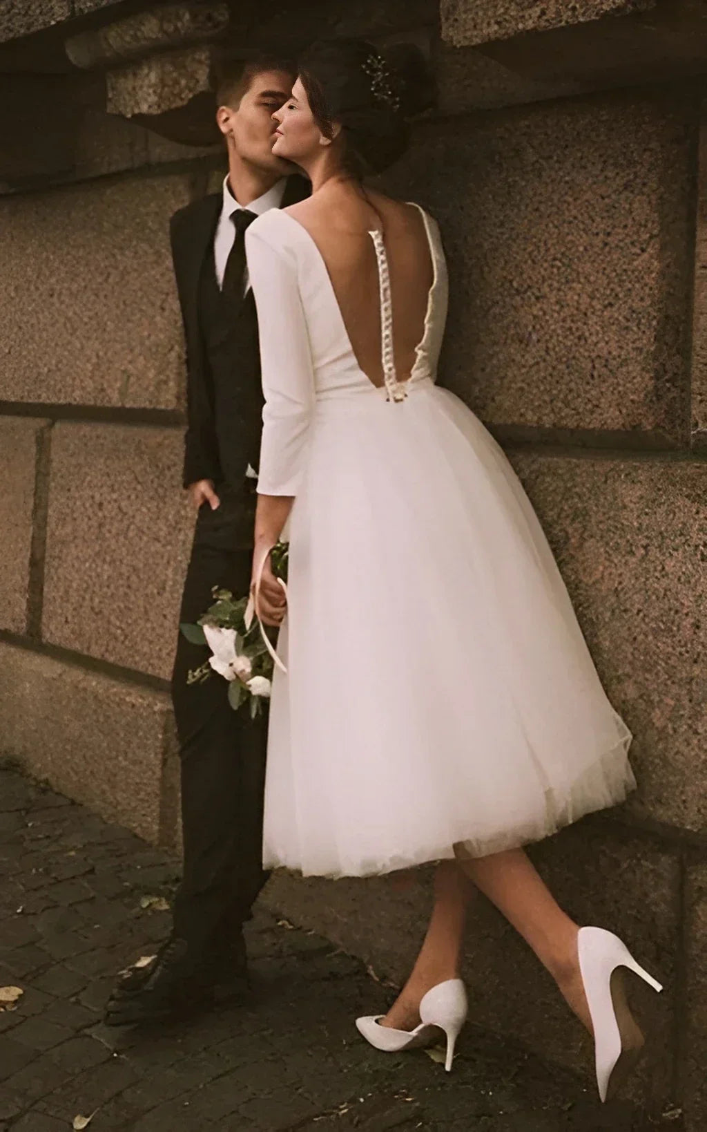 Vintage Short Casual Simple Long Sleeve A line Tea length Plunging Neckline Satin Wedding Dress
