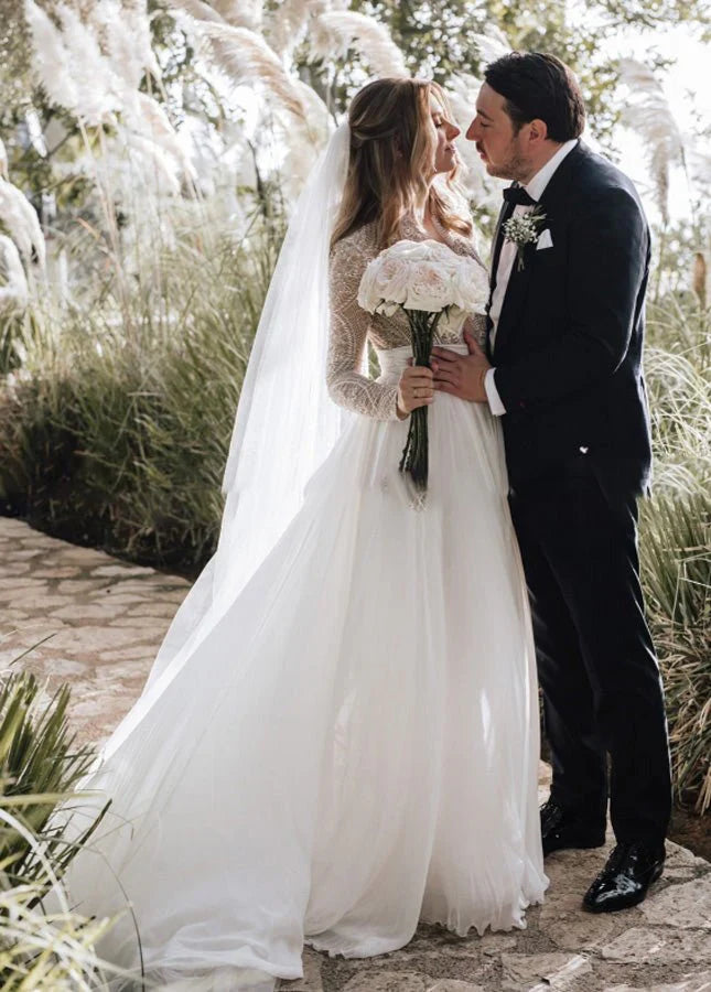 Luxurious Lace Beading Long Sleeves A Line Pleated Tulle Wedding Dresses