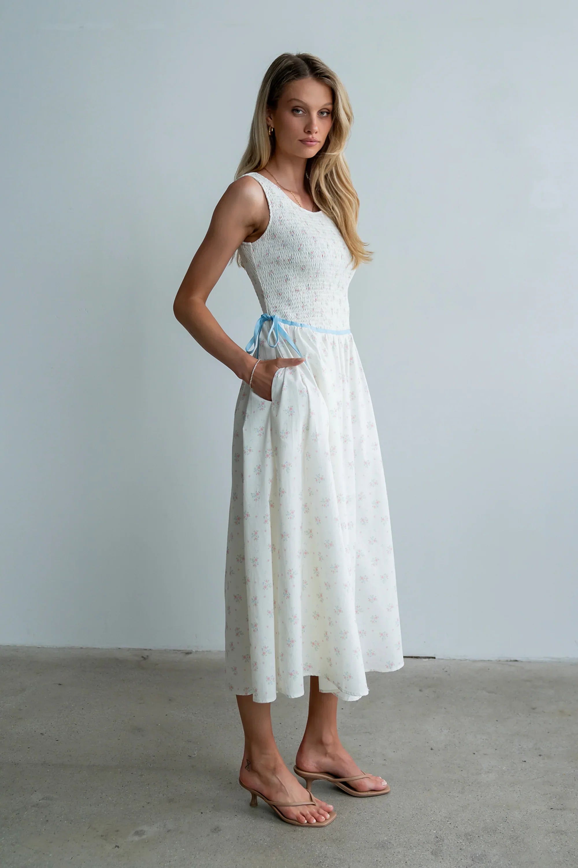 Kammie Smocked Midi Dress in Cream