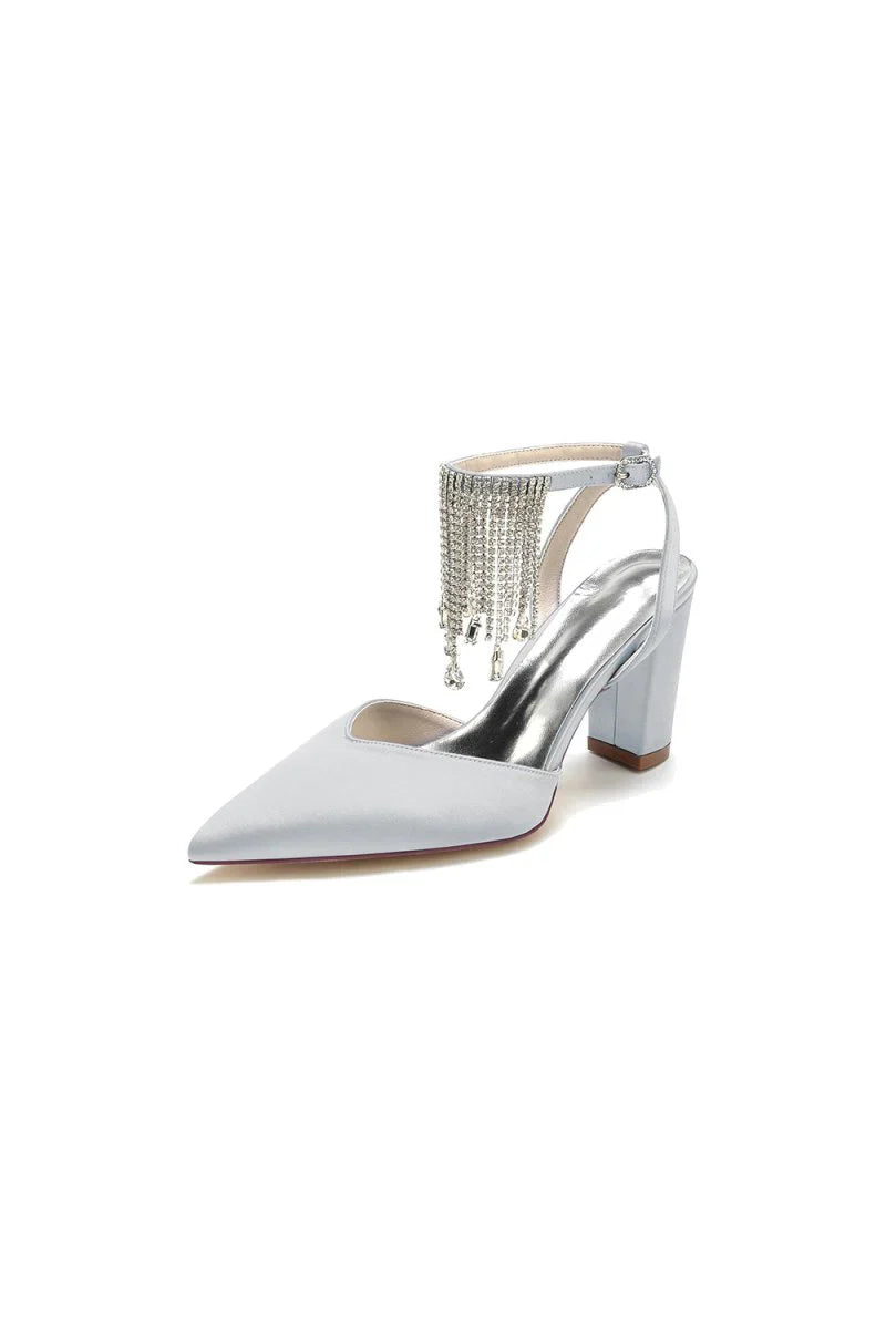 Pointed Toe Beading Tassel Satin Chunky Heels