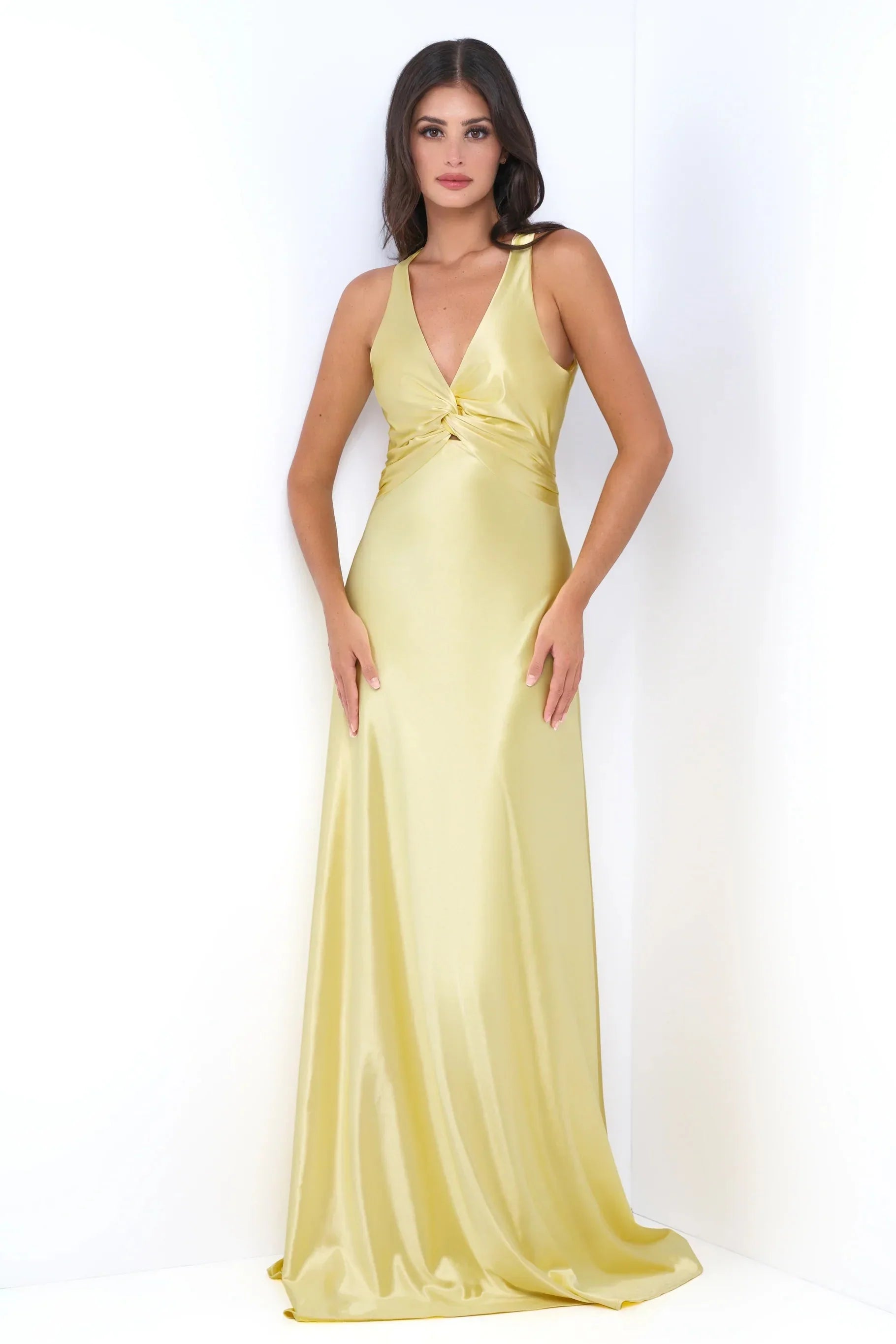 Odette Maxi Dress Yellow Open Back With Adjustable Bow Tie Detail