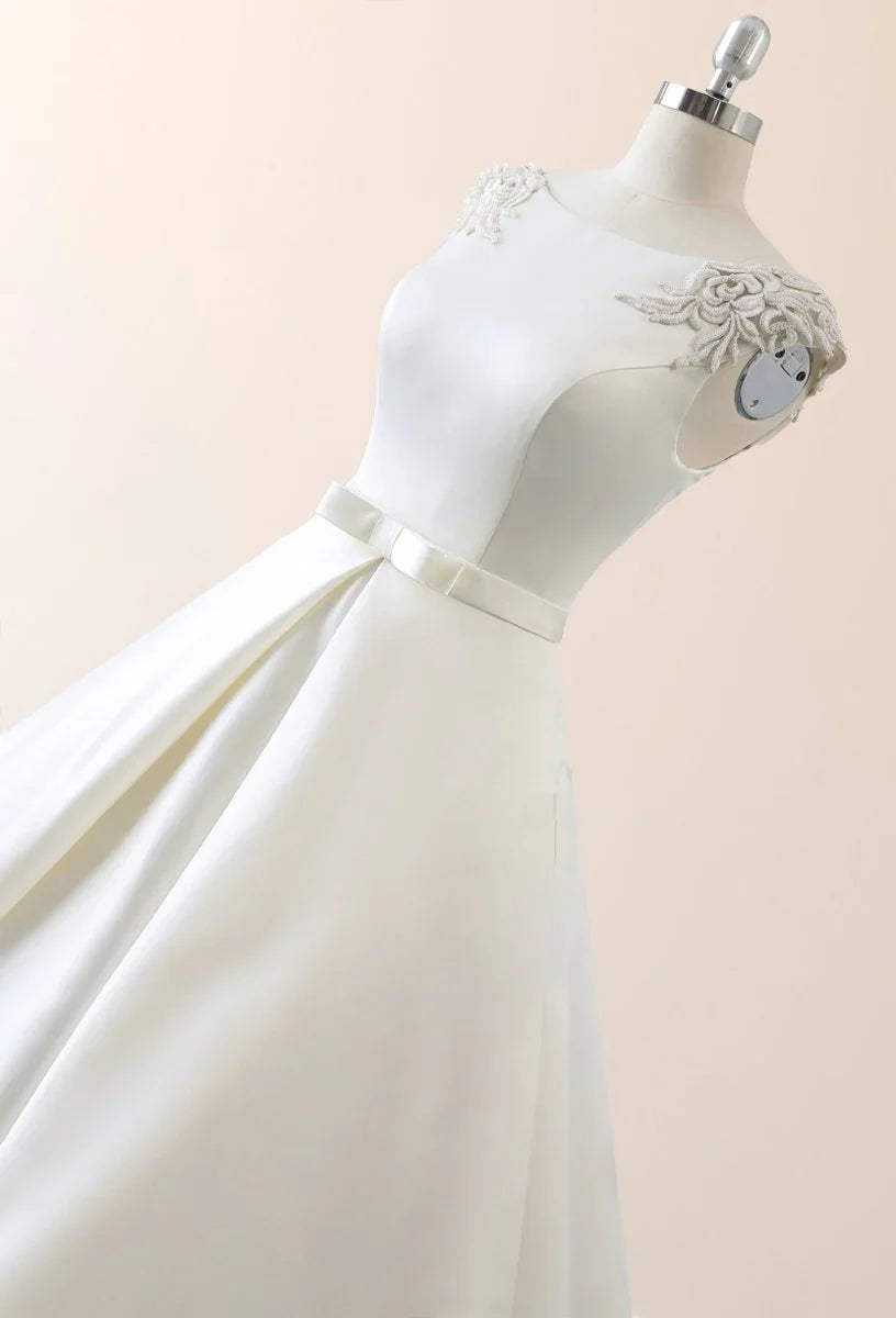 White Satin Cap Sleeve Lace Up Wedding Dress With Pearls