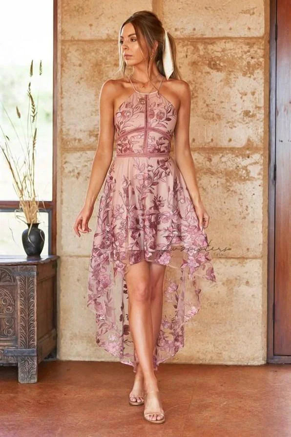 Jennifer Dress Embroidered Floral High Low Hemline