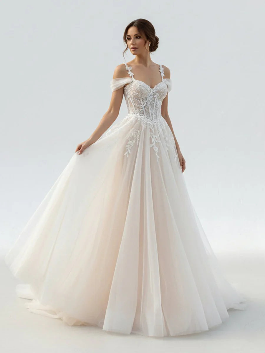 A Line Off The Shoulder Tulle Wedding Dresses With Appliques Lace