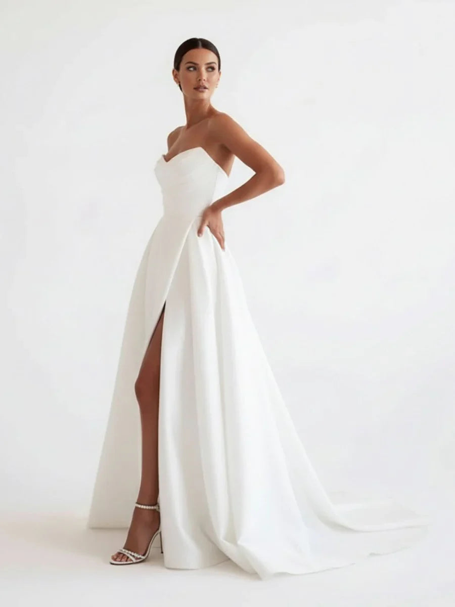 A Line White Sleeveless Satin Wedding Dress With Side Slit