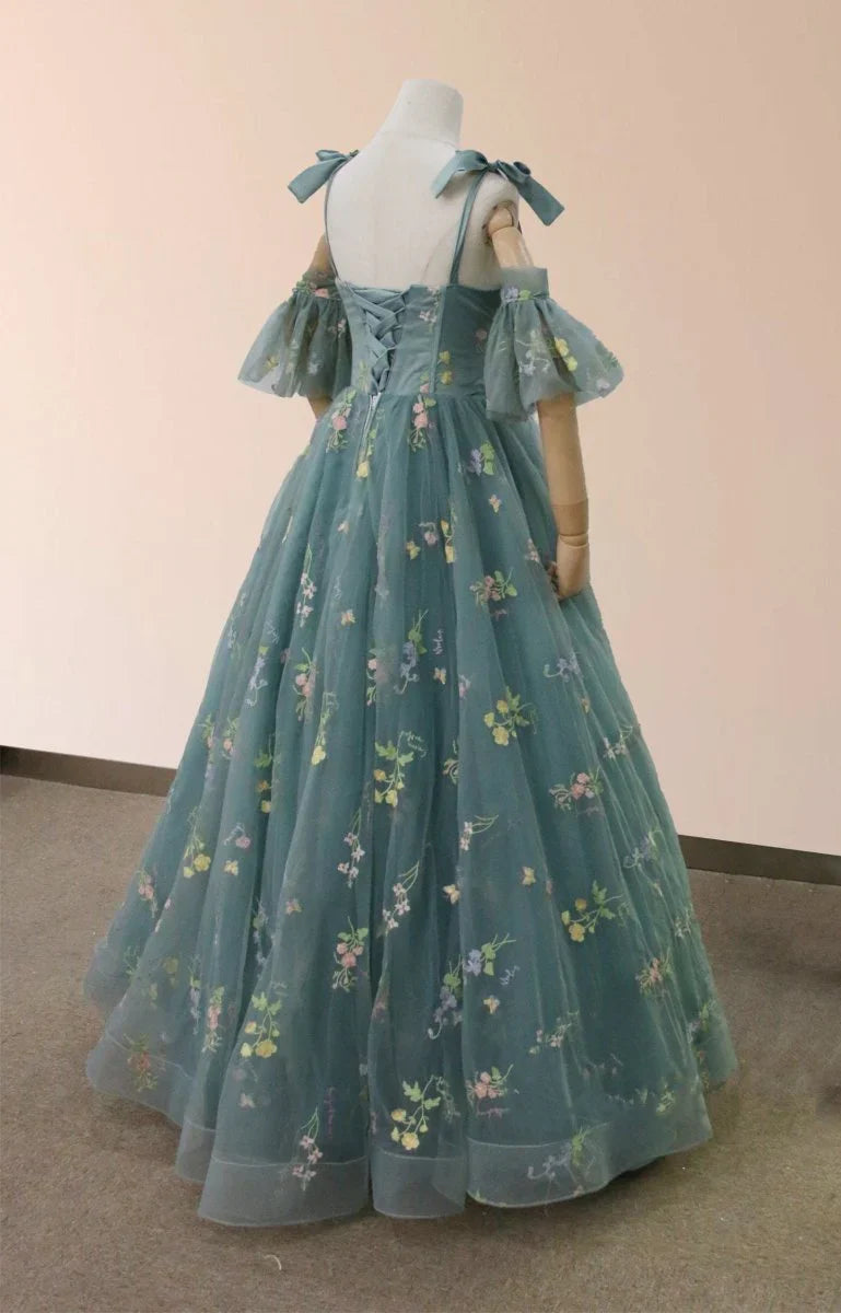Boho A Line Tulle Off the Shoulder Floor Length 3D Yellow Embroidery Floral Quinceanera Dress with Petticoat