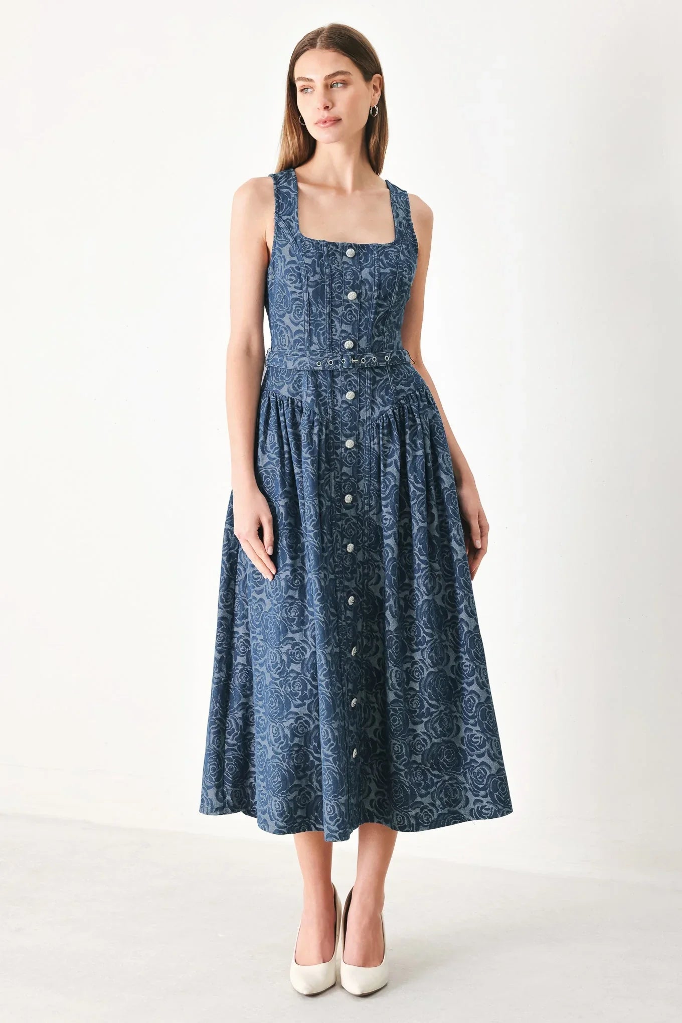 MIDNIGHT GARDEN DENIM MIDI DRESS