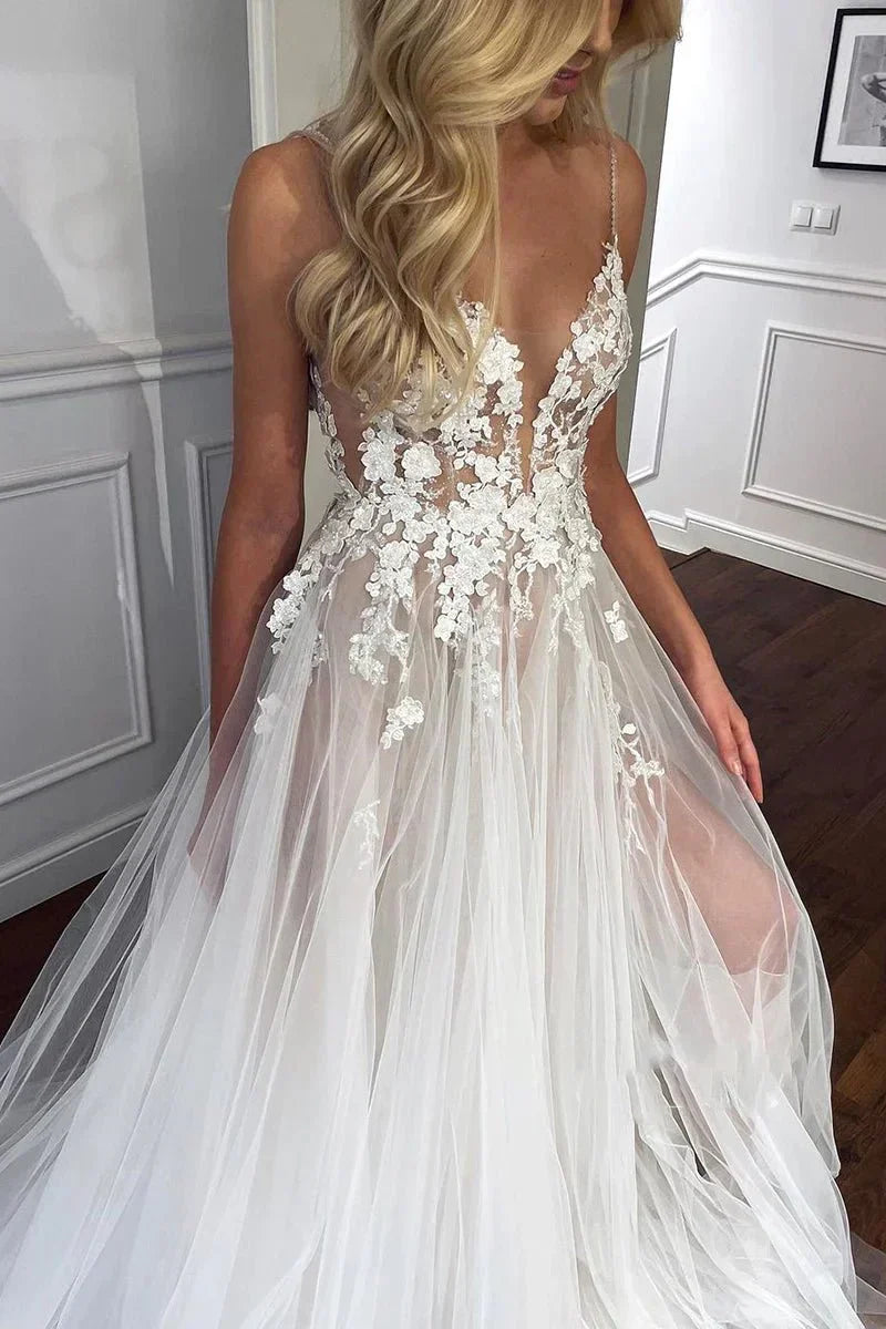 Spaghetti Straps V Neck Lace Appliques A line Tulle Rustic Wedding Dress