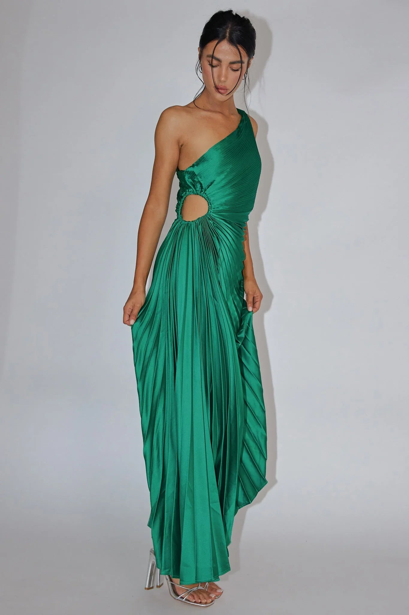 Panama Maxi Dress Kelly Green Pleated Dress With Side Cut Out
