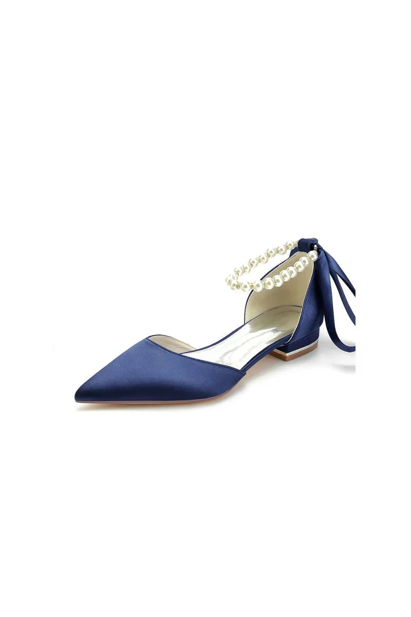 Pearl Ribbon Pointed Toe Ankle Strap Kitten Heels