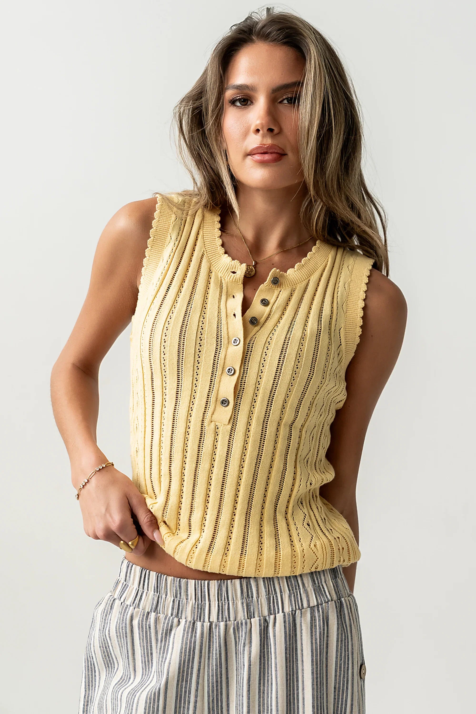 Lina Pointelle Knit Tank in Yellow