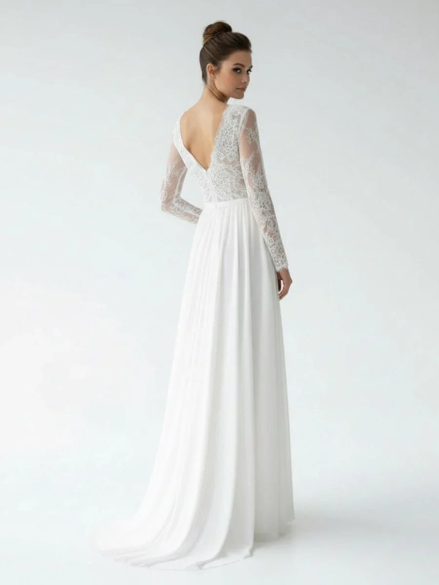 Romantic Modern A Line Floor length Chiffon Lace V neck Long Sleeve Wedding Dress