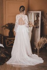 A Line Lace Top Flare Sleeves Open Back Wedding Dress